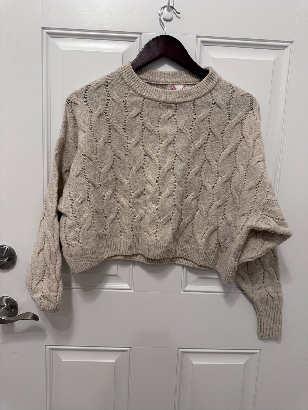 Pink Republic Beige Cable-Knit Crewneck Cropped Sweater
